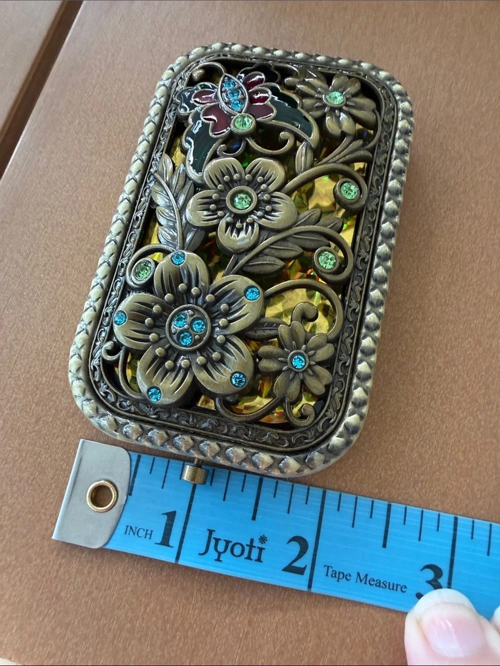Amulya Brass Tone Floral Compact Mirror with Gem Accents